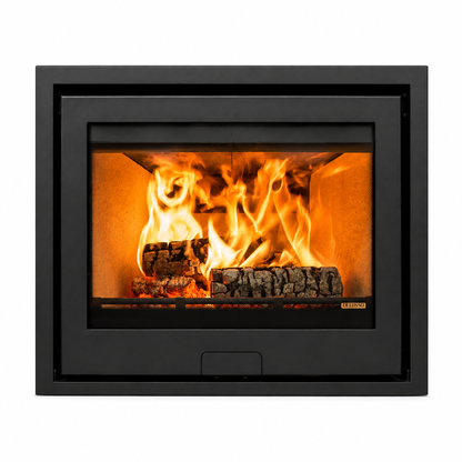 A black metal insert fireplace with a glass front, showing a realistic fire with logs and bright orange flames, on a solid white background.