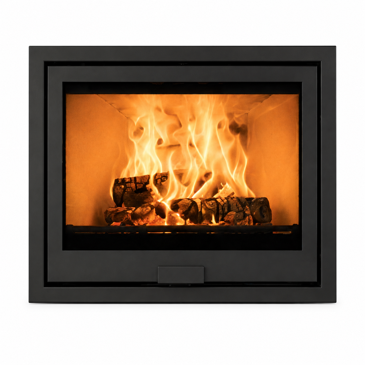 A modern black fireplace insert with a glass front door, showing a warm orange and yellow fire with logs burning inside, set against a plain white background.