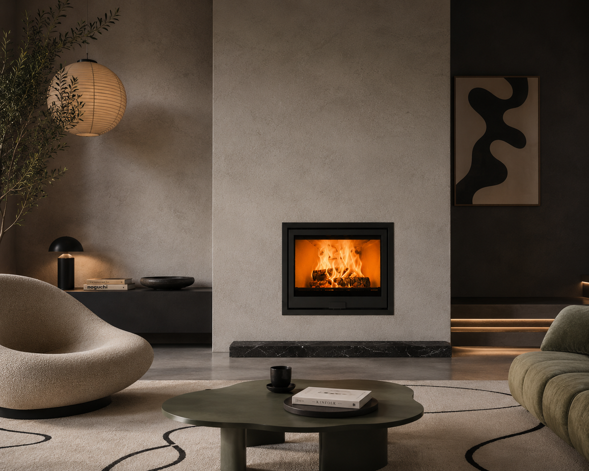 A modern black fireplace insert with a glowing fire, set into a textured light gray wall in a stylish, contemporary living room with a dark green coffee table, textured chairs, and warm ambient lighting.