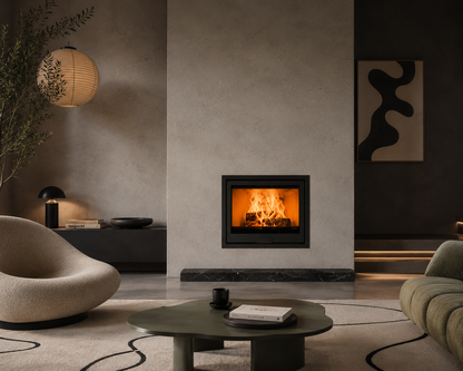 A modern black fireplace insert with a glowing fire, set into a textured light gray wall in a stylish, contemporary living room with a dark green coffee table, textured chairs, and warm ambient lighting.