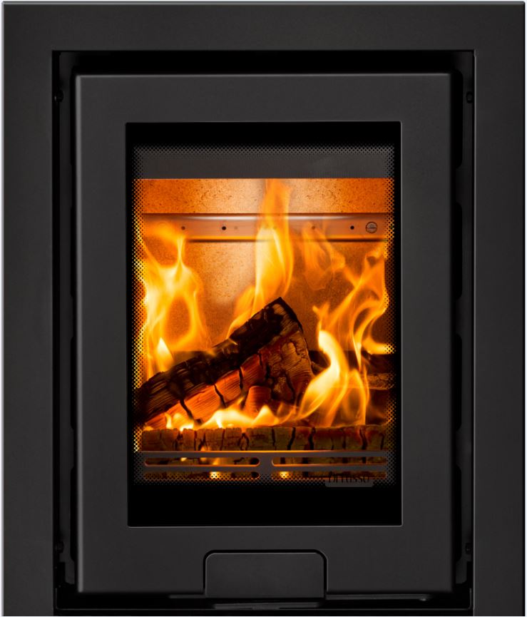 A black modern fireplace insert with a glass door showing a burning wood log with bright orange and yellow flames.