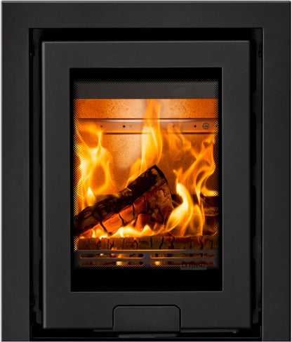 A black modern fireplace insert with a glass door showing a burning wood log with bright orange and yellow flames.