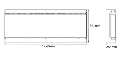 Technical dimension diagram of a rectangular electric fire, showing a main front view labelled 1270mm by 521mm and a side profile labelled 285mm, on a white background.