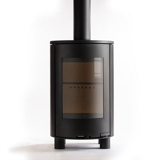 Black Explorer C5 cylindrical stove with glass door on a white background