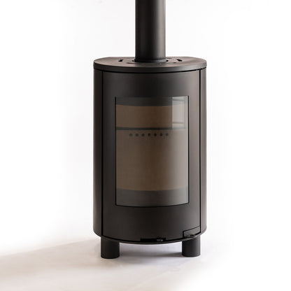 Black Explorer C5 freestanding stove with glass door on a white background
