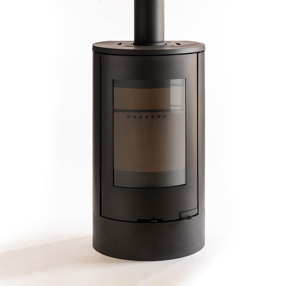 Black Explorer-C5 cylindrical stove with glass door on a white background