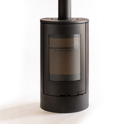 Black Explorer-C5 cylindrical stove with glass door on a white background