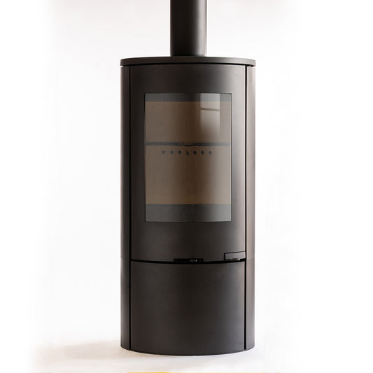 Modern Explorer C5 310 Logstore black stove on a white background