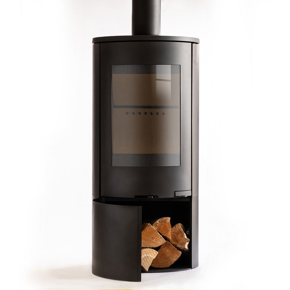Explorer C5 310 Logstore black freestanding stove with glass door and wood storage on a white background