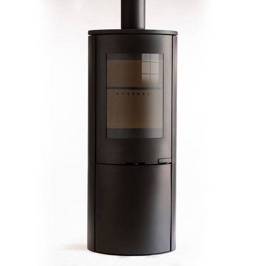 Explorer C5 410 with Logstore in black cylindrical stove on a white background