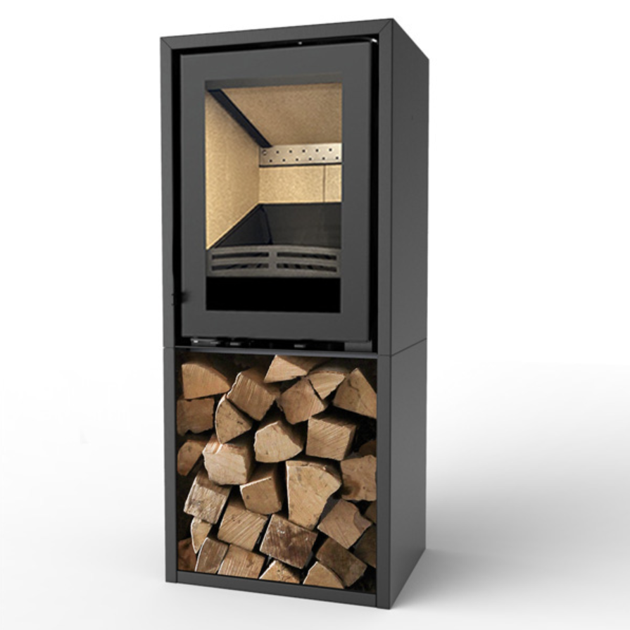 Explorer 5F Tall Stove with Log store on a white background