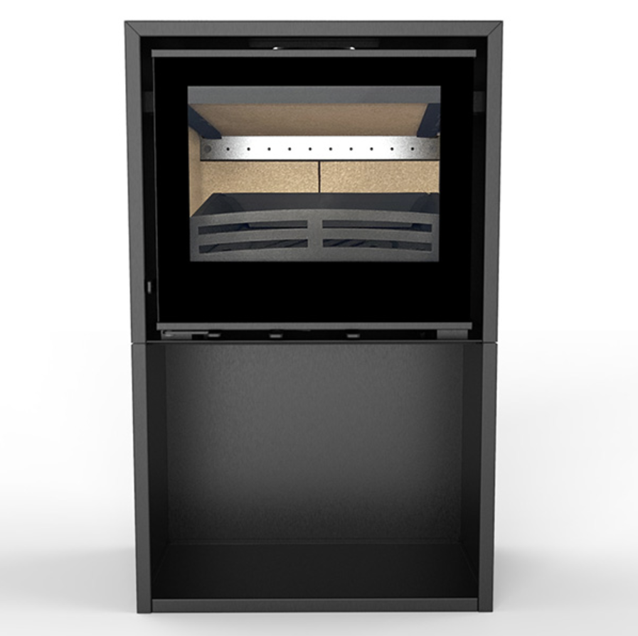Explorer7FG Stove with tall log store on white background
