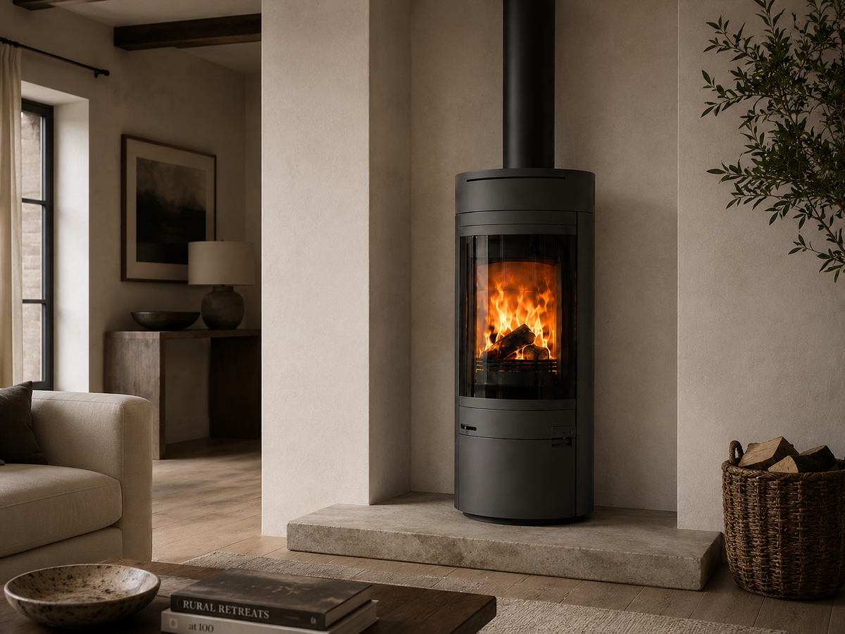 A modern round black wood-burning stove with an active fire, set in a minimalist, warm-toned living room with beige walls and a stone hearth.