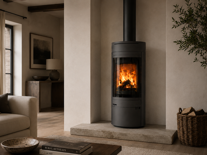 A modern round black wood-burning stove with an active fire, set in a minimalist, warm-toned living room with beige walls and a stone hearth.