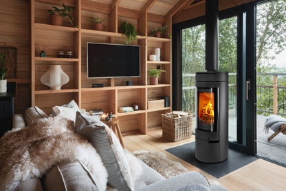 A modern black wood-burning stove with a glowing fire, set in a cozy, contemporary cabin living room with wooden walls, built-in shelves, and large glass doors looking out to a green forest.