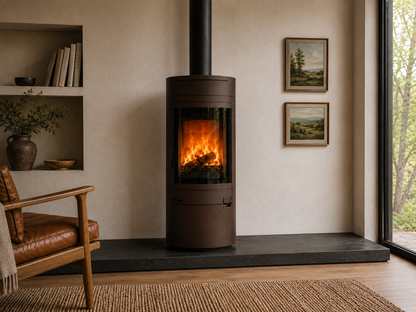 A modern cylindrical wood-burning stove with a glowing fire inside, set on a dark hearth in a cozy room with a leather chair, framed landscape prints, and a window view.