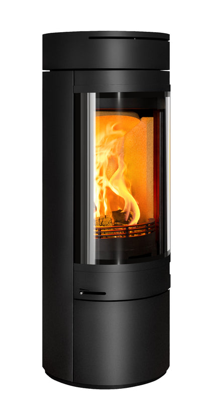 A modern black cylindrical wood-burning stove with a large glass front door showing a bright orange fire inside, isolated on a white background.
