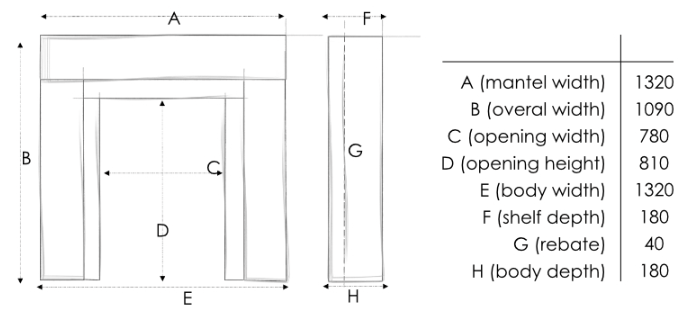 A black and white technical dimension diagram of a fireplace mantel and side profile, with labeled dimensions A through H and a measurement table on the right.