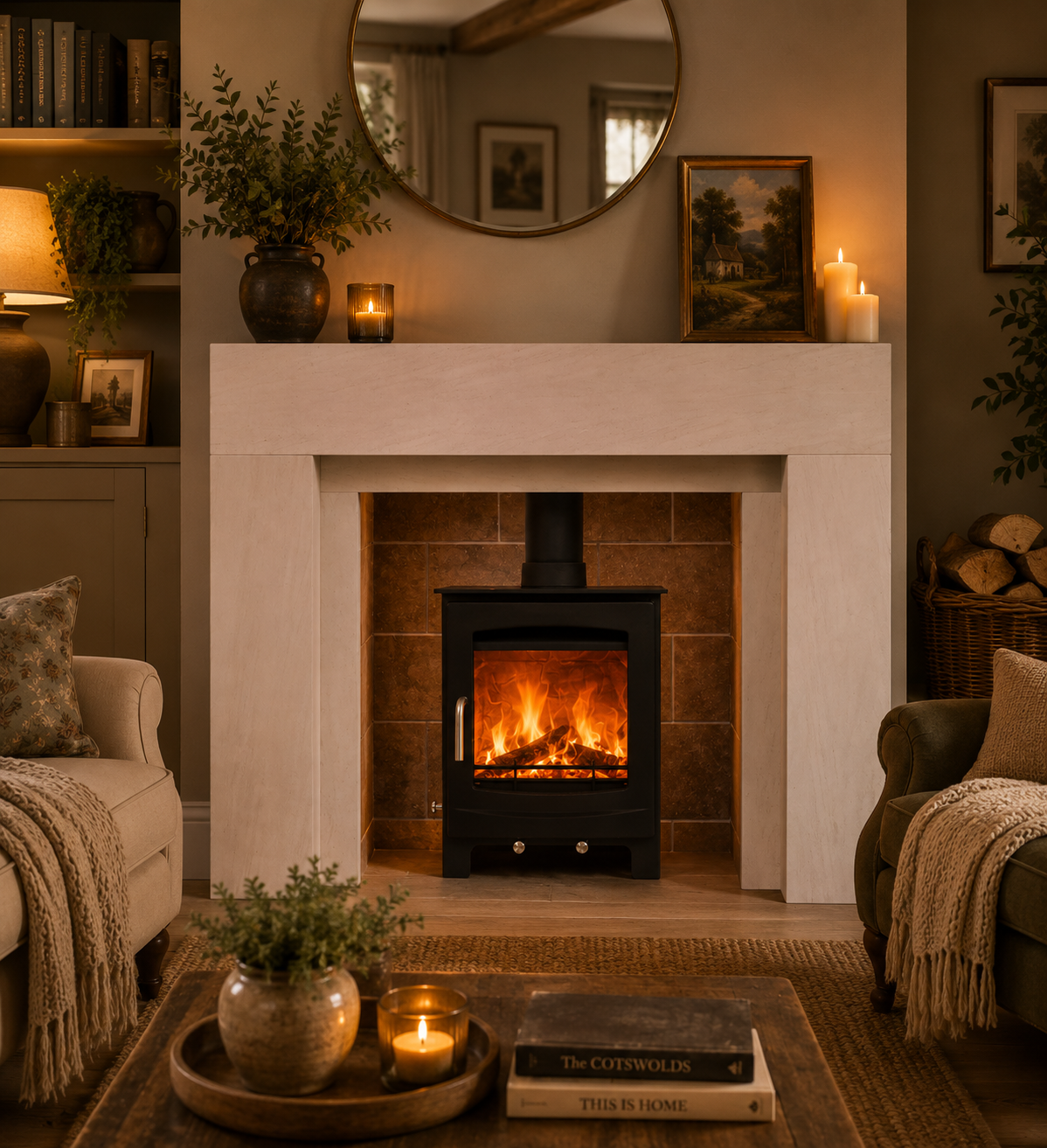 A black wood-burning fireplace with a glowing fire inside, set in a cozy living room with a cream-colored stone mantel, warm candles, and surrounding furniture.