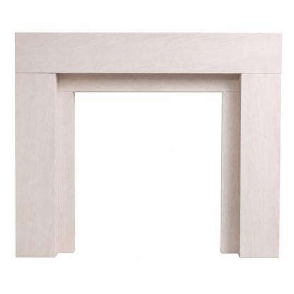 A light beige limestone fireplace surround with a minimalist rectangular design, shown against a solid white background.