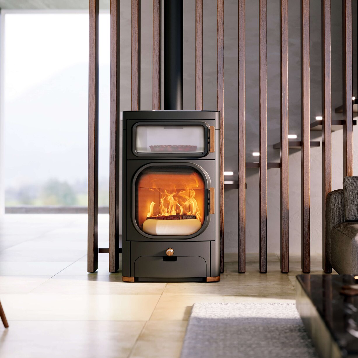 Modern wood stove in a living room with a glass door showing flames.