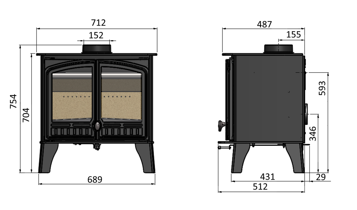 Technical dimension diagram of a black wood-burning stove shown from front and side views with measurement labels and numeric dimensions on a white background.