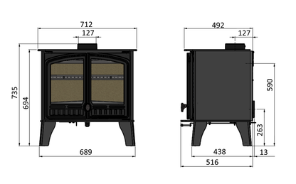 Technical dimension diagram of a black wood-burning stove shown from front and side views with measurement labels and numeric dimensions on a white background.