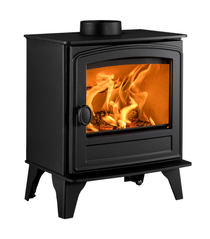 A black cast iron wood-burning stove with a glass door showing a warm orange fire inside, set against a plain white background.