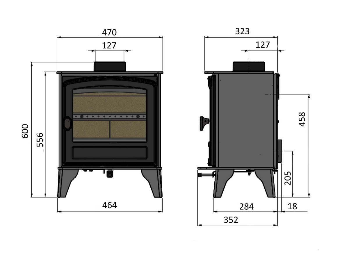 Technical dimension diagram of a black cast iron wood-burning stove, showing front and side profile views with measurements in millimeters.