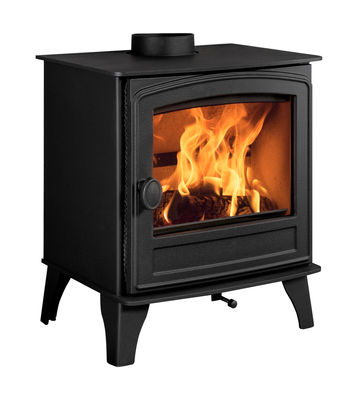 A black metal wood-burning stove with a glass front door showing a bright orange fire, set against a solid white background.