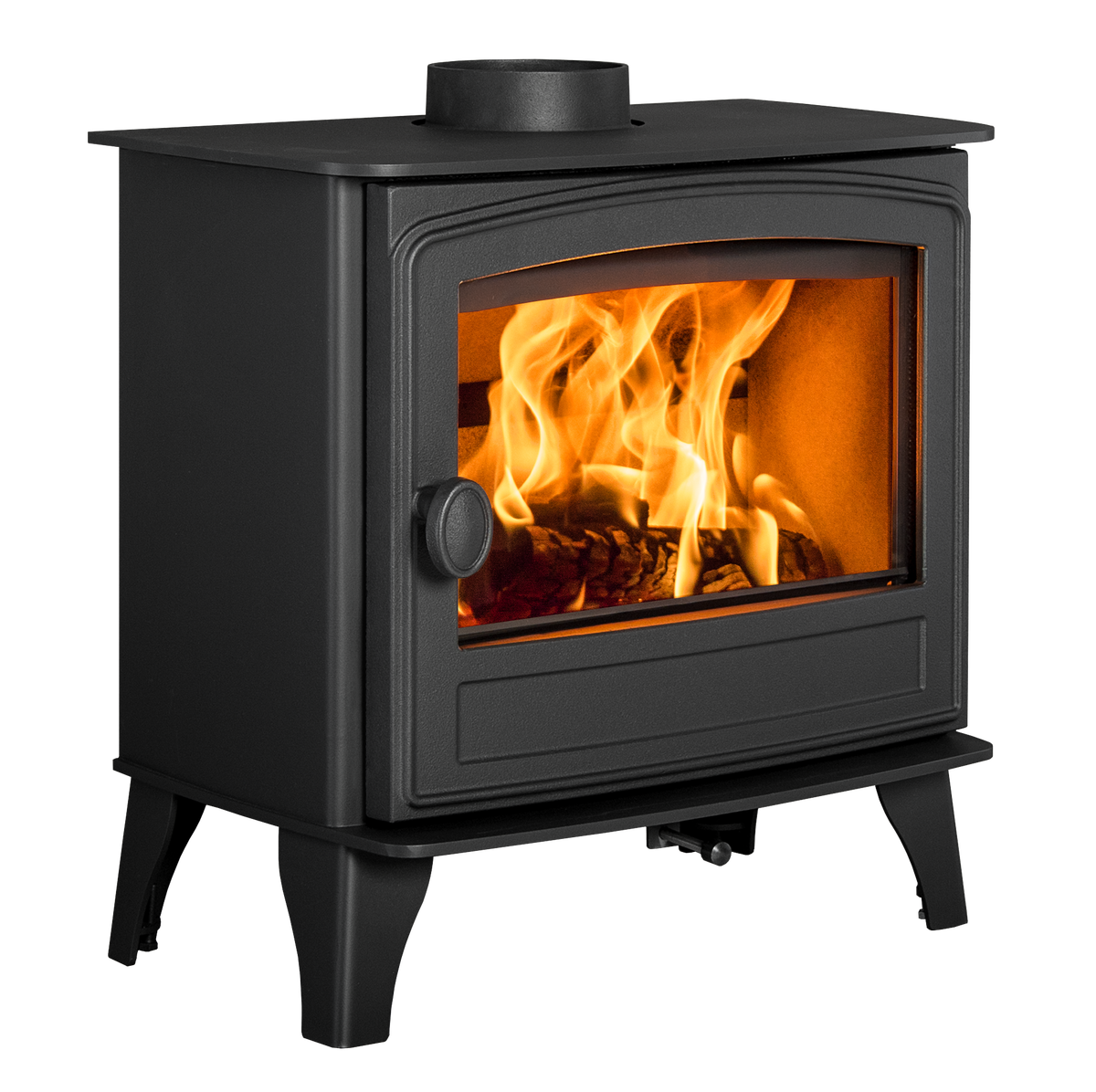 A black cast iron wood-burning stove with a glass door showing a bright orange fire and glowing logs inside, isolated on a white background.