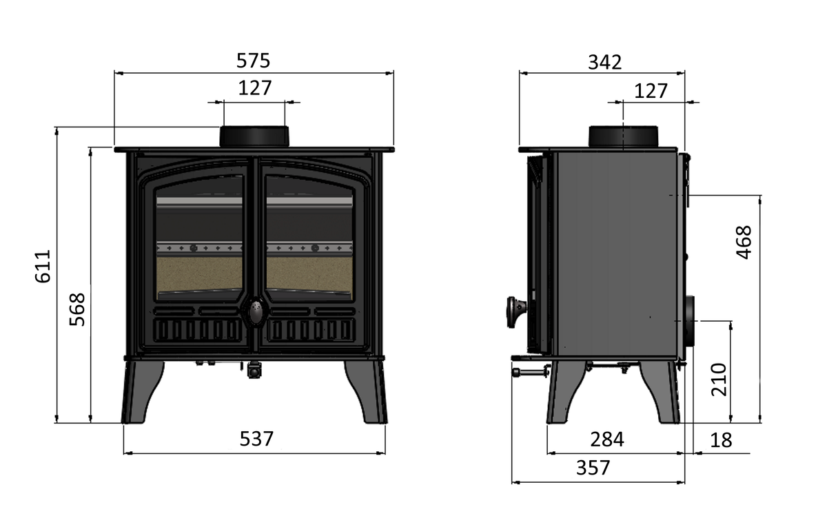 Technical dimension diagram of a black cast iron wood-burning stove shown from front and side views with measurements in millimeters.