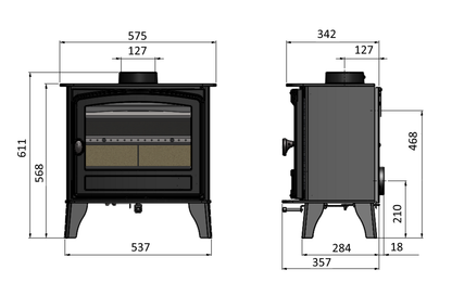 Technical dimension diagram of a black wood-burning stove shown from front and side views with measurement labels and numeric dimensions on a white background.