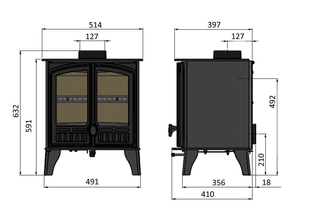 Technical dimension diagram of a black wood-burning stove shown from front and side views with measurement labels and numeric dimensions on a white background.