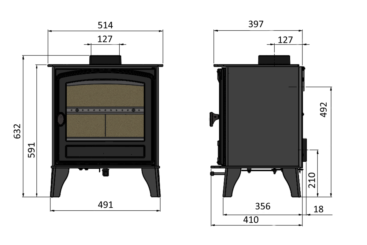 Technical dimension diagram of a black wood-burning stove shown from front and side views with measurement labels and numeric dimensions on a white background.