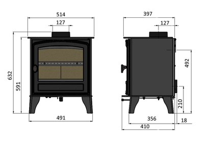 Technical dimension diagram of a black wood-burning stove shown from front and side views with measurement labels and numeric dimensions on a white background.