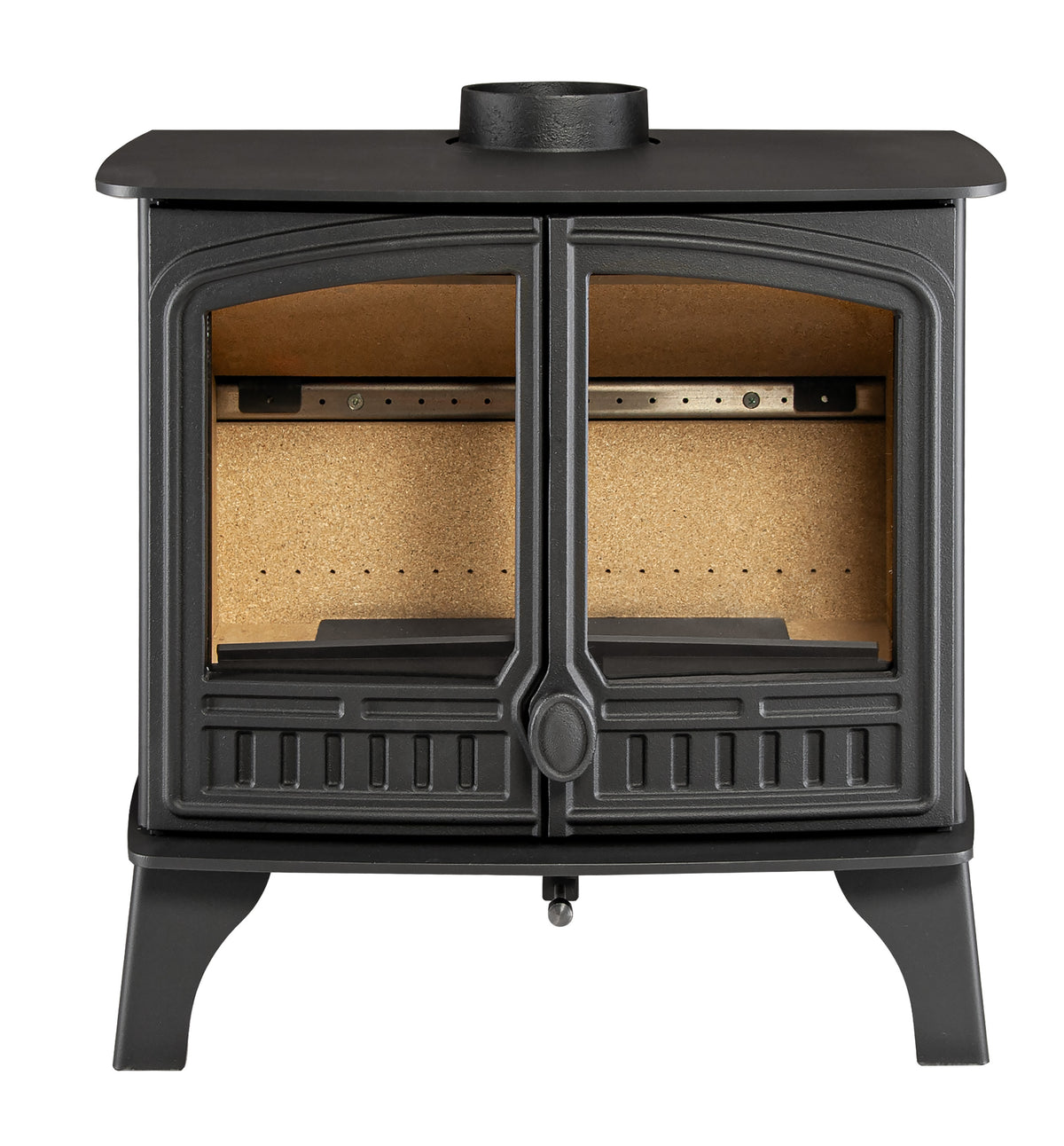 A black cast iron wood-burning stove with two glass-front doors, showing a cork-lined interior, set against a plain white background.