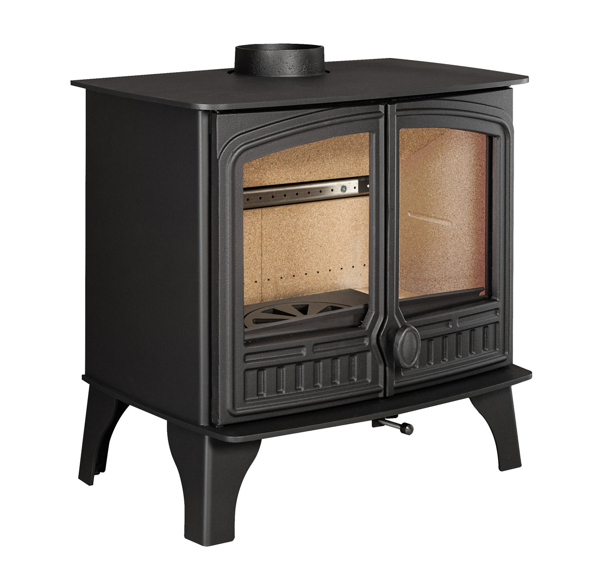 A black cast iron wood-burning stove with glass doors, shown from a three-quarter angle on a white background.