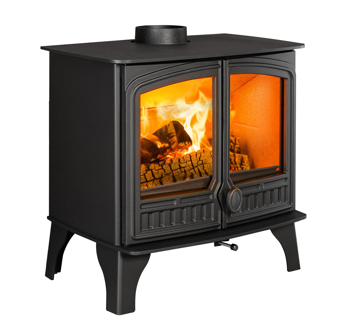 A black cast iron wood-burning stove with two glass doors showing a glowing fire inside, set against a plain white background.