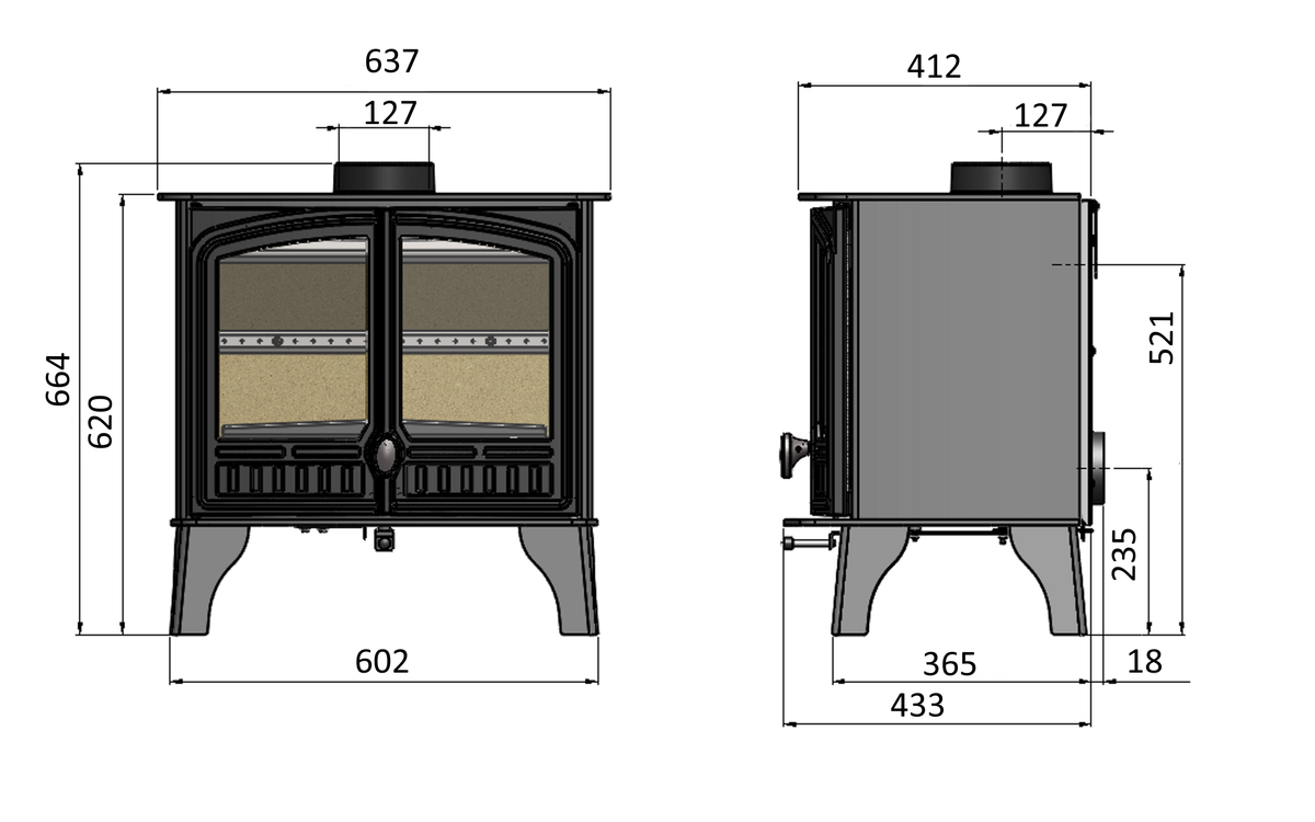 Technical dimension diagram of a wood-burning stove shown from front and side views with measurement labels and numeric dimensions on a white background.