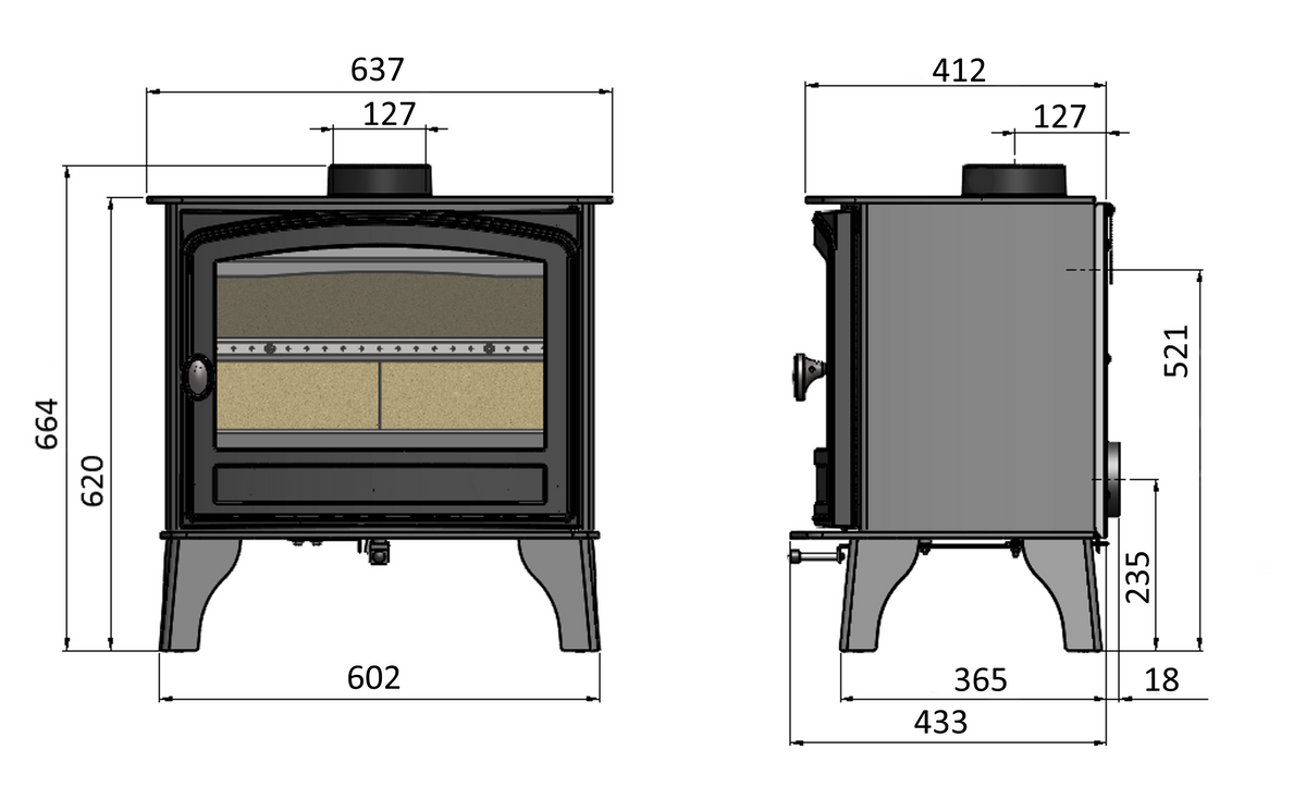Technical dimension diagram of a wood-burning stove shown from front and side views with measurement labels and numeric dimensions on a white background.