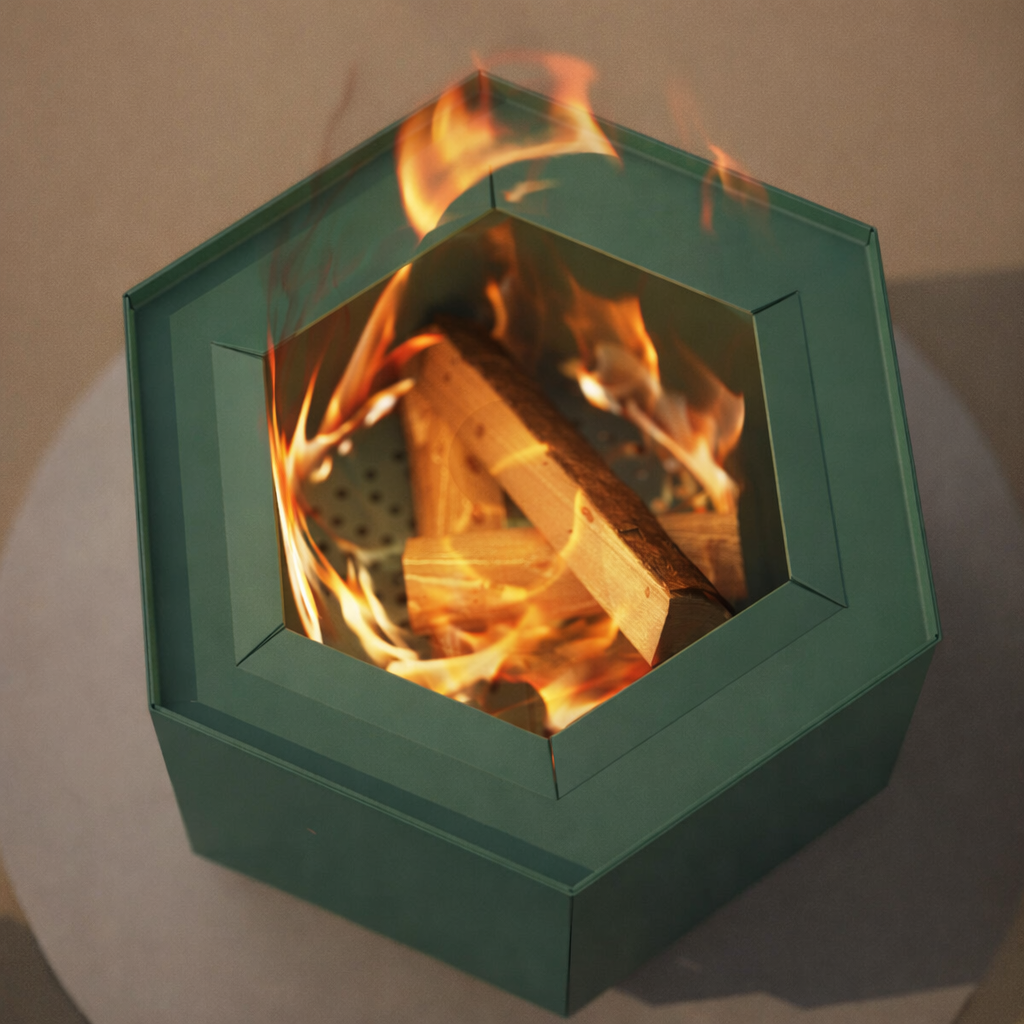 Hexagonal fire pit with flames inside on a neutral background