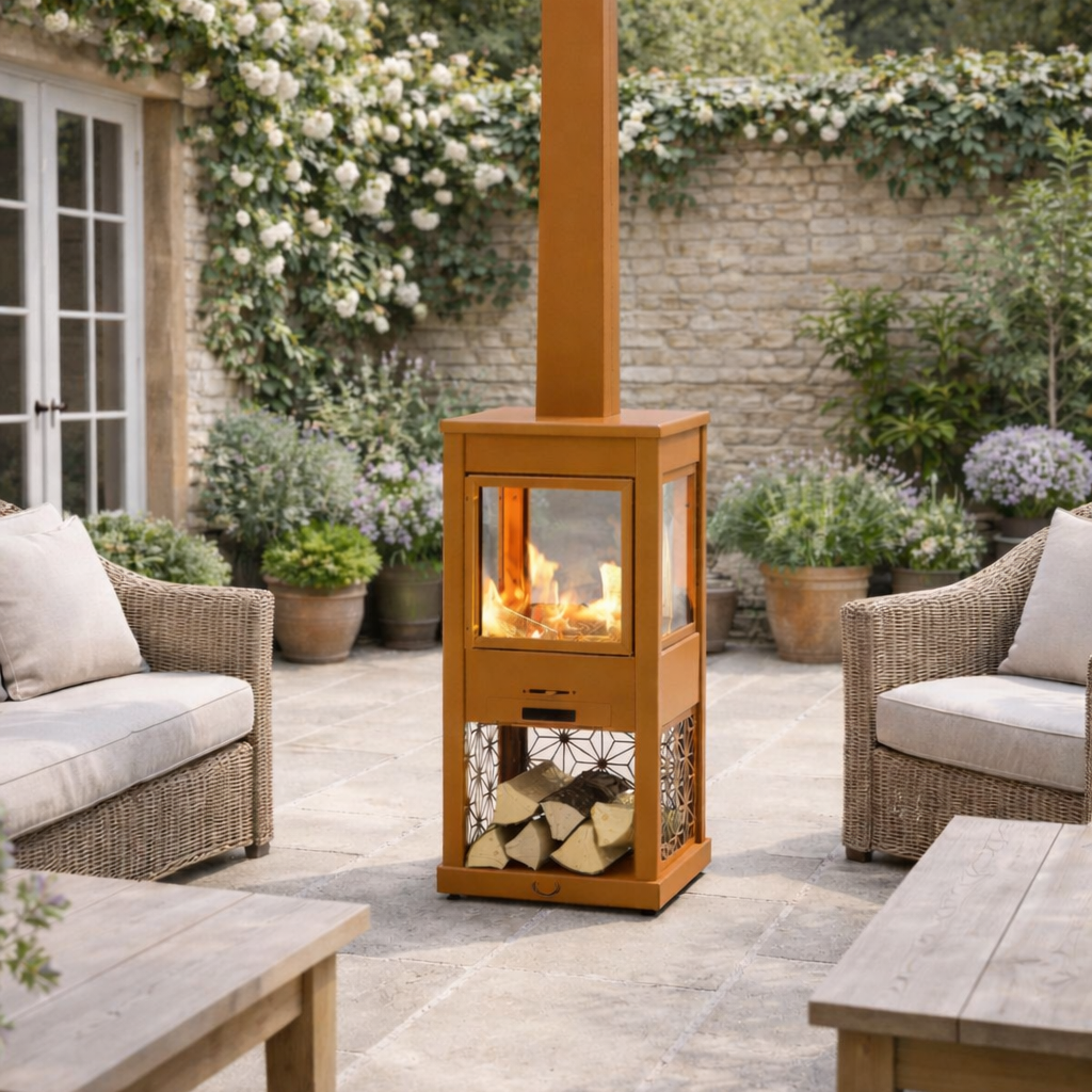 Outdoor patio with wooden fire pit, chairs, and potted plants.