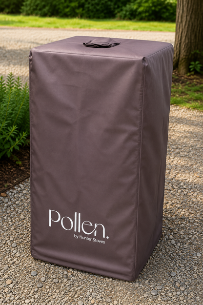 Brown cover with 'Pollen' branding on a gravel surface outdoors.