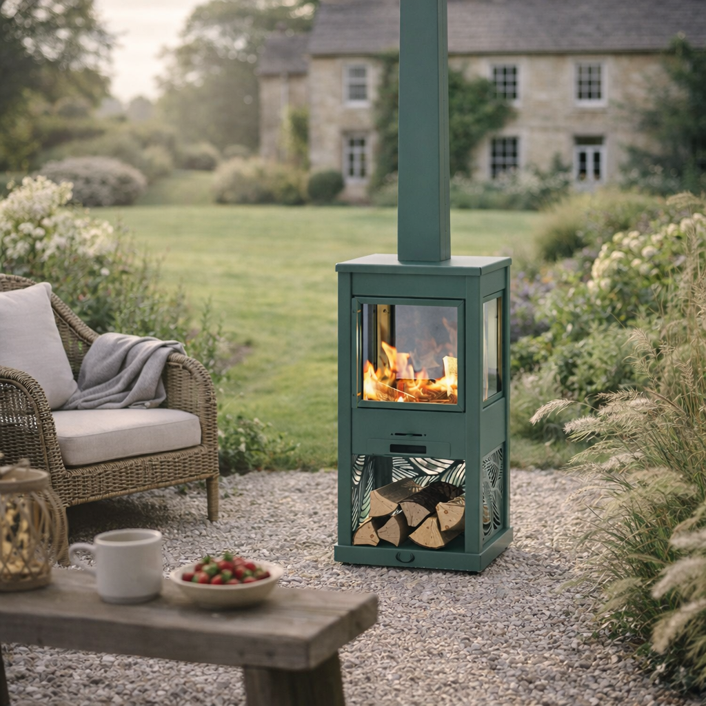 Outdoor wood stove in a garden setting with a chair and table.