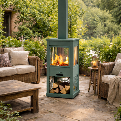Outdoor patio with a green freestanding fireplace, wooden coffee table, and wicker chairs.