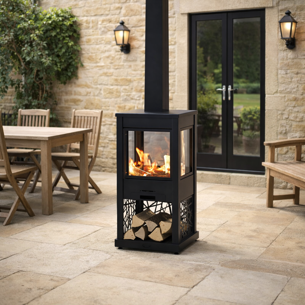 Outdoor patio with a black metal fire pit, wooden table, and chairs.