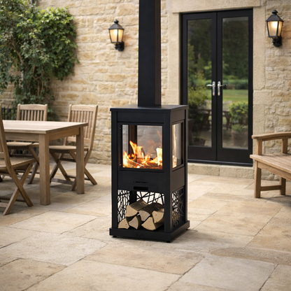 Outdoor patio with a black metal fire pit, wooden table, and chairs.
