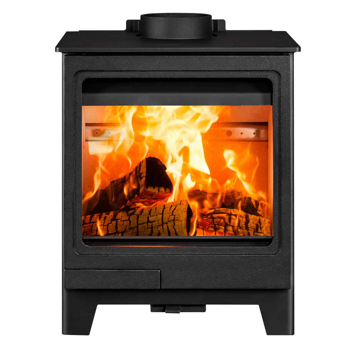 A black wood-burning stove with a glass front door showing a bright orange and yellow fire with logs inside, isolated on a white background.
