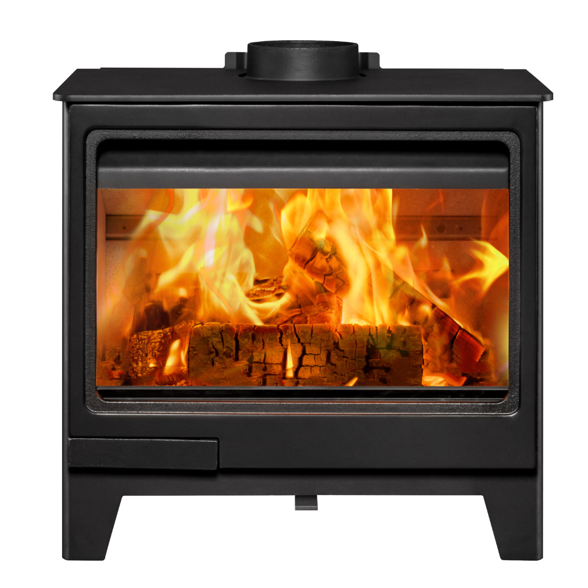 A black wood-burning stove with a glass front door showing a bright fire and logs, isolated on a white background.